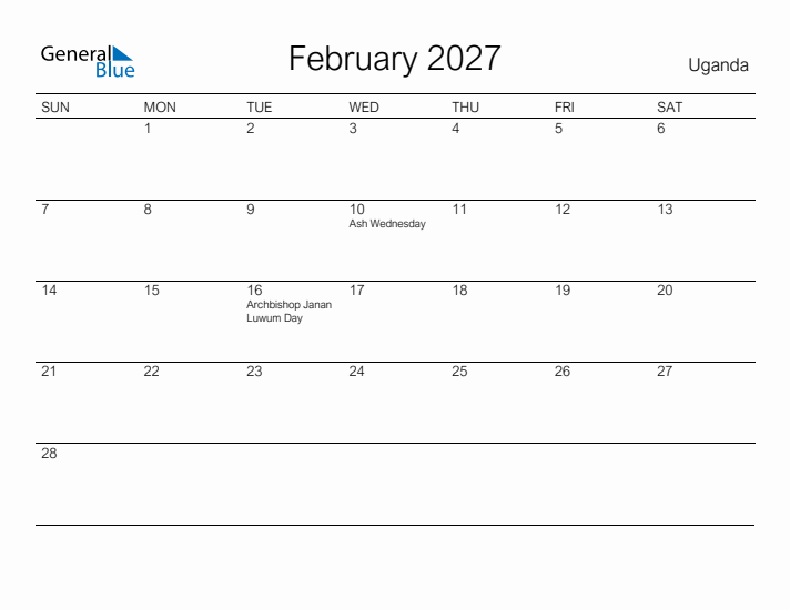 Printable February 2027 Calendar for Uganda