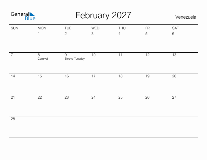 Printable February 2027 Calendar for Venezuela