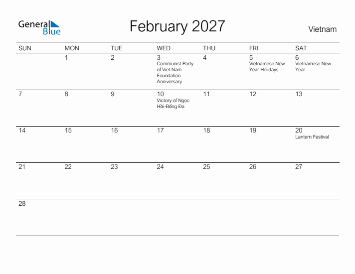 Printable February 2027 Calendar for Vietnam