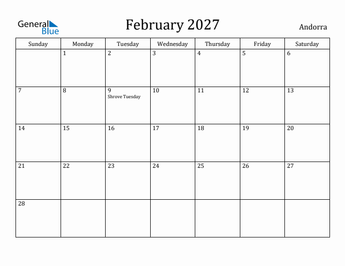 February 2027 Calendar Andorra