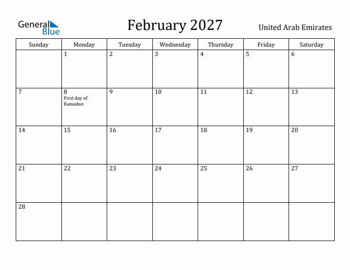 February 2027 Calendar United Arab Emirates