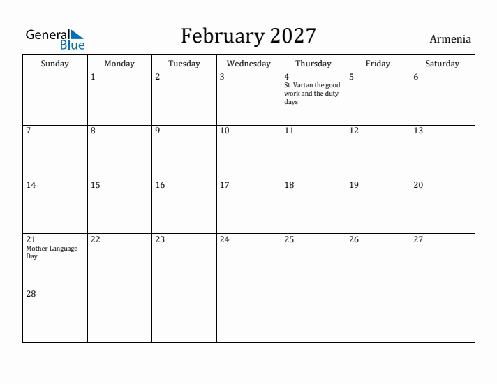 February 2027 Calendar Armenia