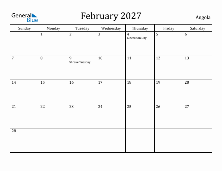 February 2027 Calendar Angola