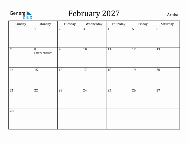 February 2027 Calendar Aruba
