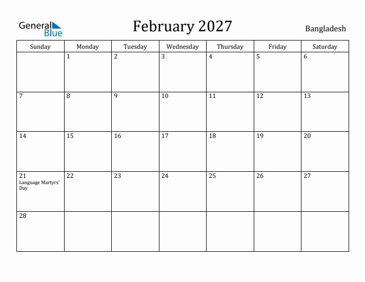 February 2027 Calendar Bangladesh