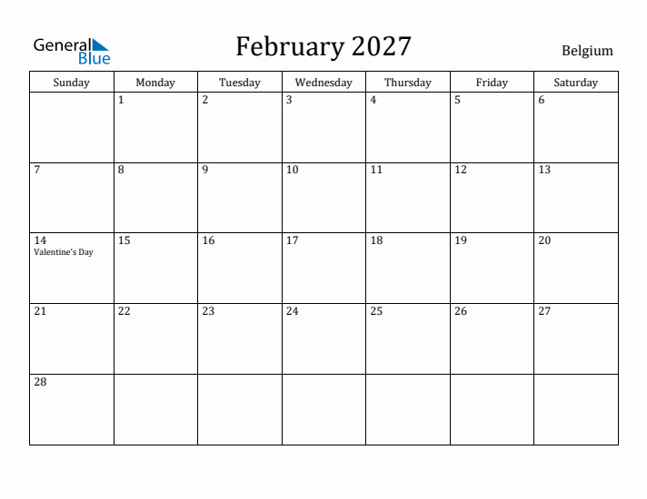 February 2027 Calendar Belgium