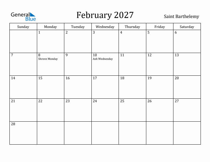 February 2027 Calendar Saint Barthelemy