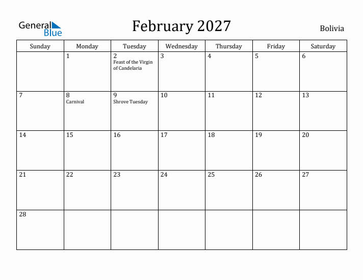February 2027 Calendar Bolivia