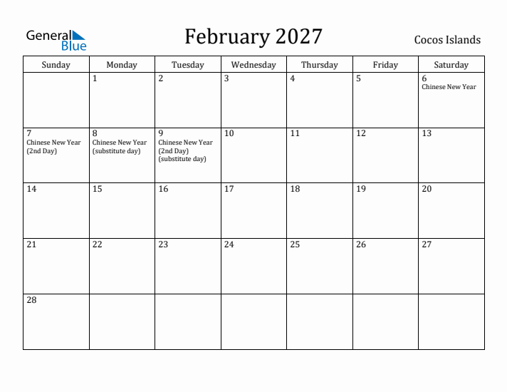 February 2027 Calendar Cocos Islands