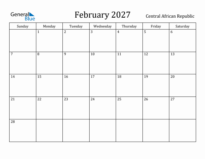 February 2027 Calendar Central African Republic