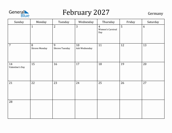 February 2027 Calendar Germany