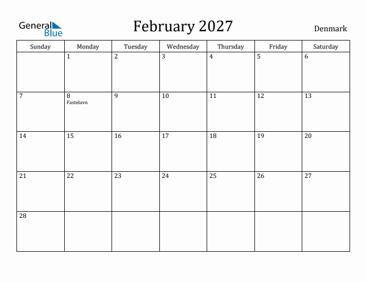 February 2027 Calendar Denmark