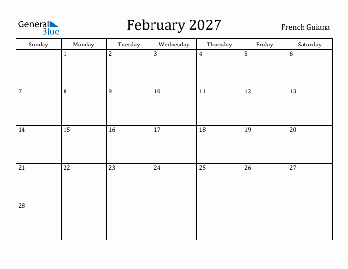 February 2027 Calendar French Guiana