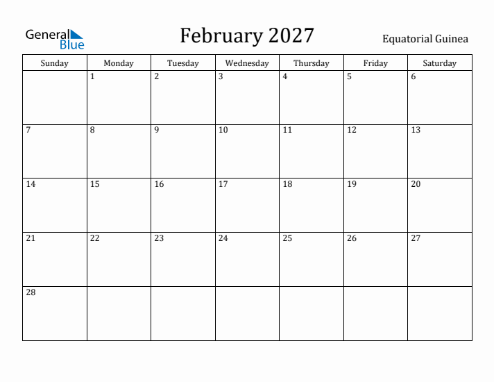 February 2027 Calendar Equatorial Guinea