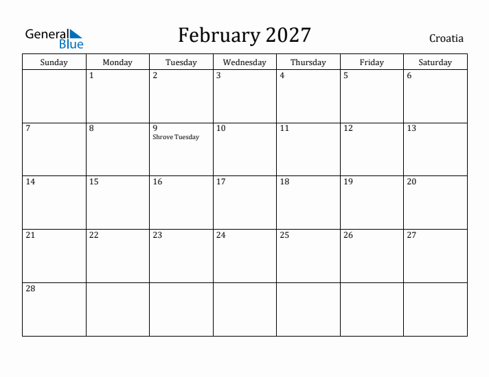 February 2027 Calendar Croatia