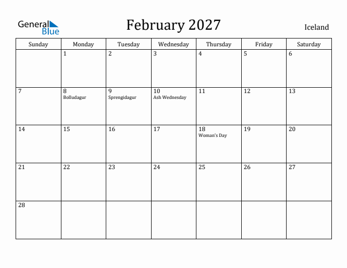 February 2027 Calendar Iceland