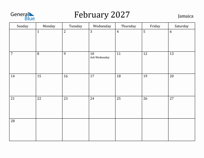 February 2027 Calendar Jamaica