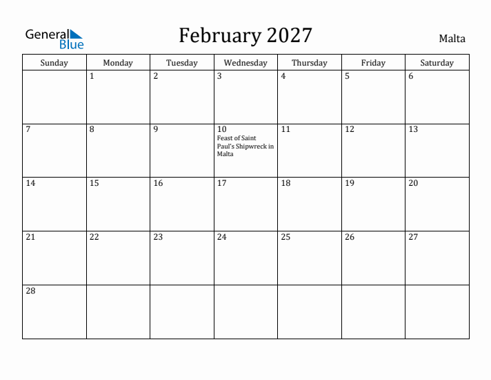 February 2027 Calendar Malta