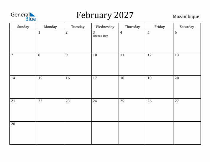 February 2027 Calendar Mozambique