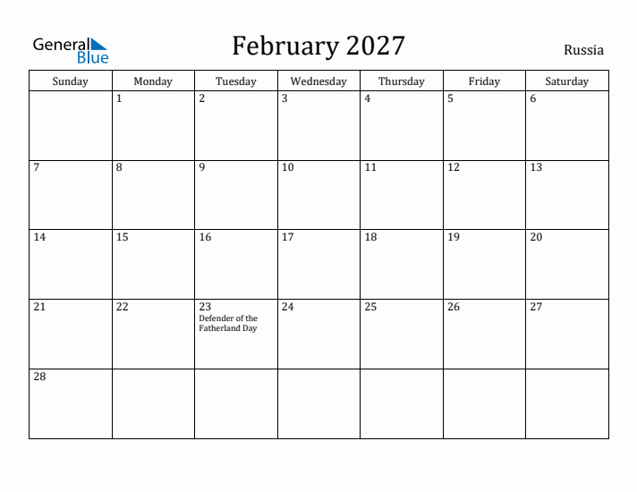 February 2027 Calendar Russia