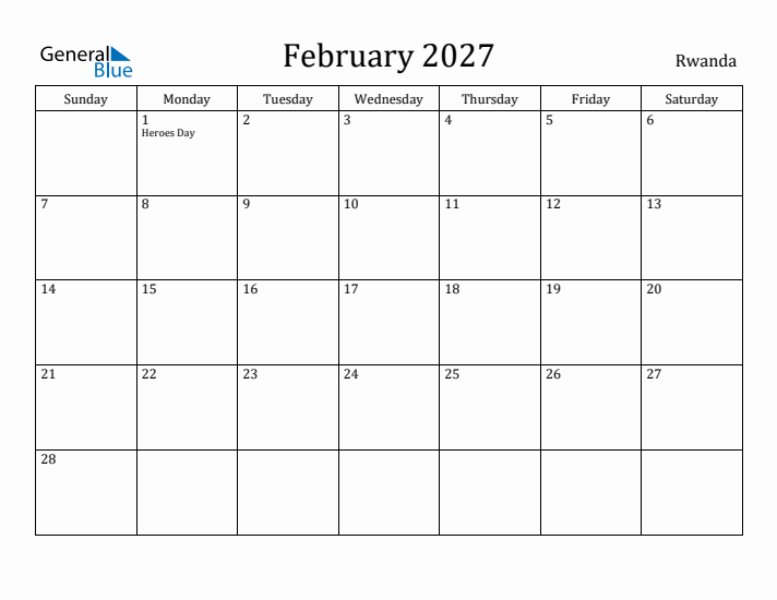 February 2027 Calendar Rwanda