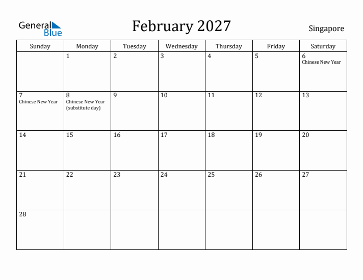 February 2027 Calendar Singapore