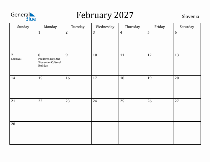 February 2027 Calendar Slovenia
