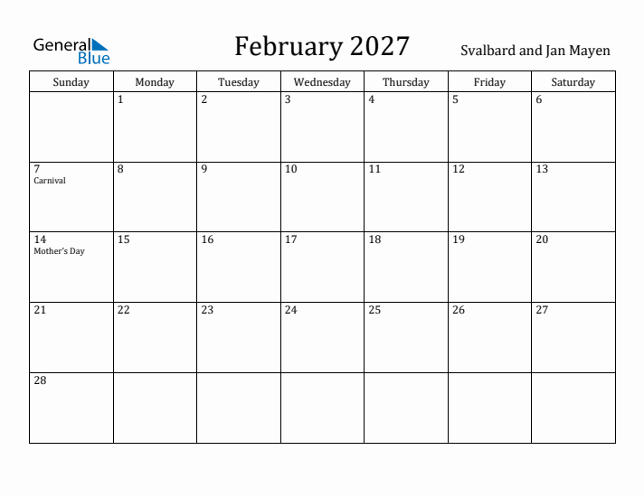 February 2027 Calendar Svalbard and Jan Mayen