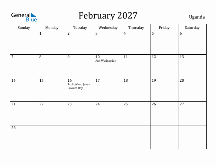February 2027 Calendar Uganda