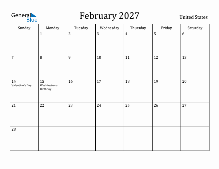 February 2027 Calendar United States