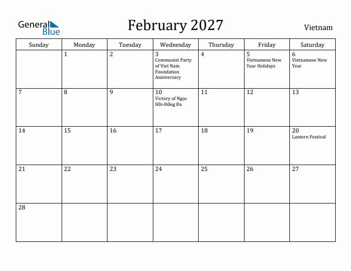 February 2027 Calendar Vietnam
