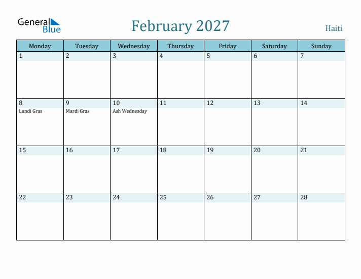 February 2027 Calendar with Holidays