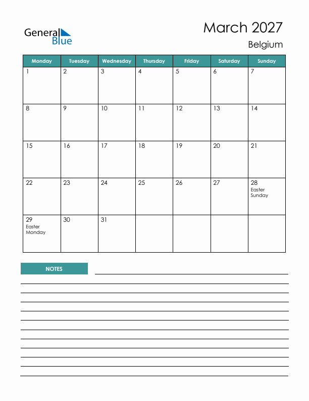 Calendar with Notes Printable - Monday Start