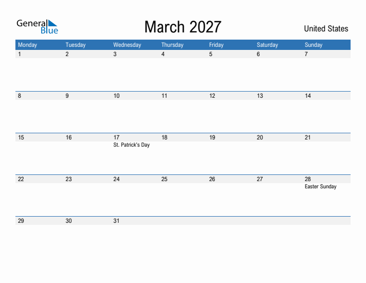 Fillable March 2027 Calendar