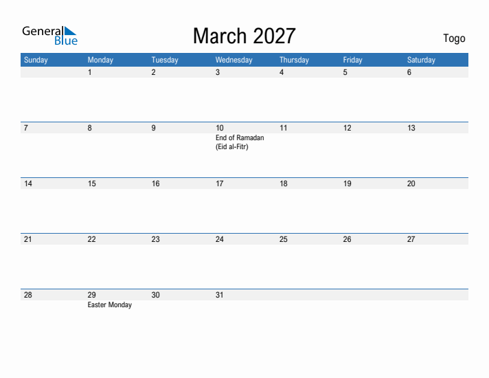 Fillable March 2027 Calendar