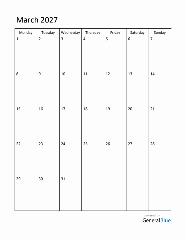 Monday Start Calendar for March 2027