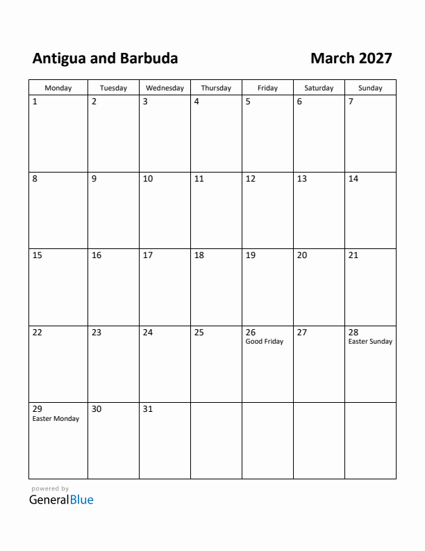 March 2027 Calendar with Antigua and Barbuda Holidays