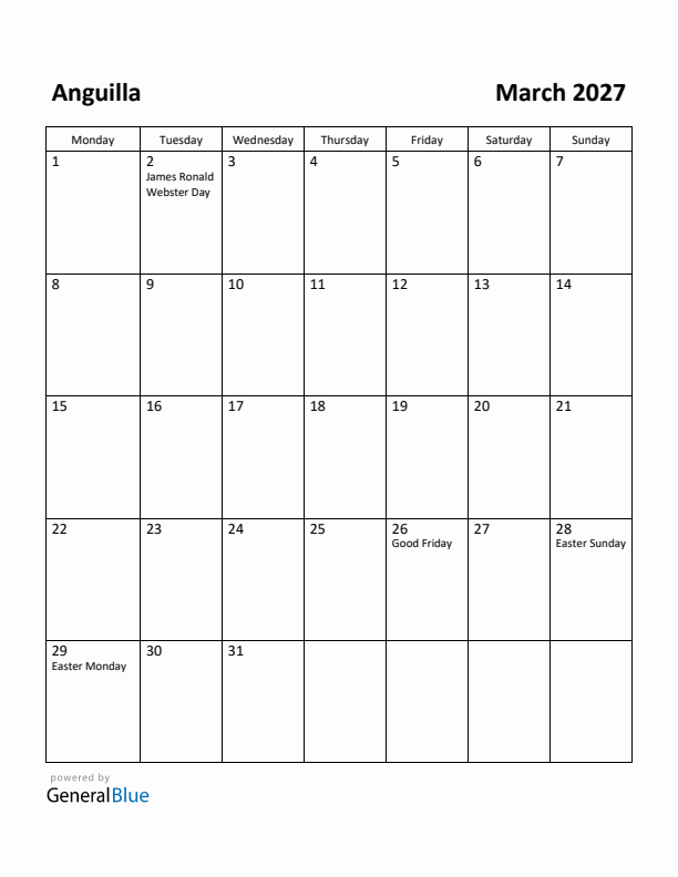 March 2027 Calendar with Anguilla Holidays