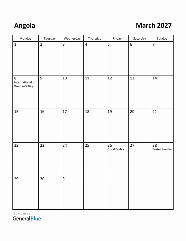 March 2027 Calendar with Angola Holidays