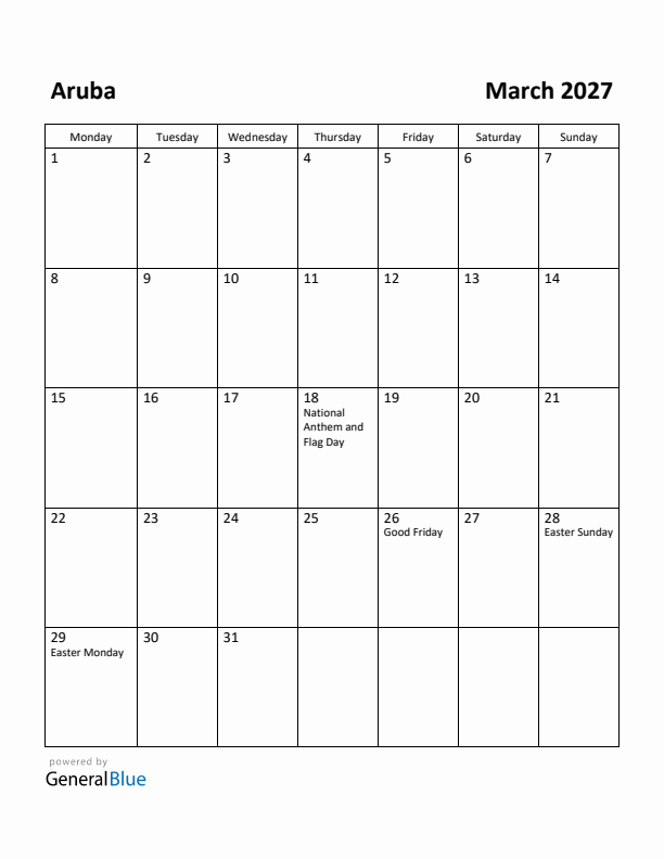 March 2027 Calendar with Aruba Holidays