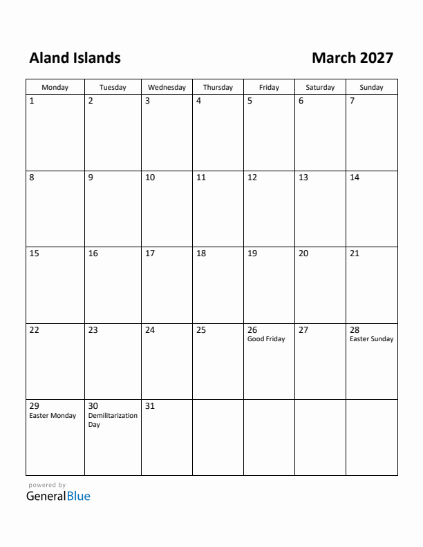 March 2027 Calendar with Aland Islands Holidays