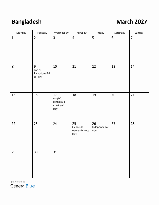 March 2027 Calendar with Bangladesh Holidays