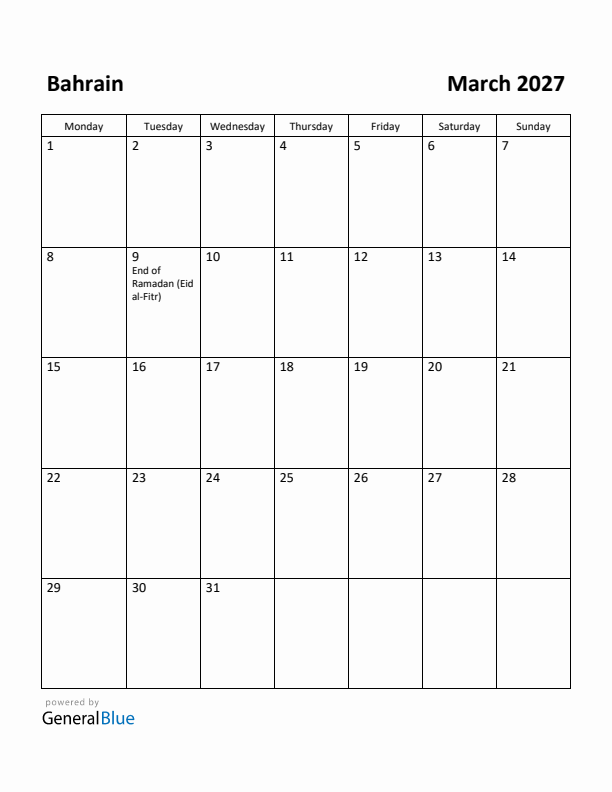 March 2027 Calendar with Bahrain Holidays