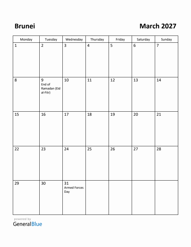March 2027 Calendar with Brunei Holidays