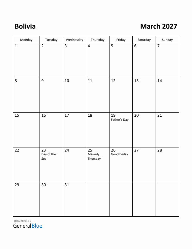 March 2027 Calendar with Bolivia Holidays