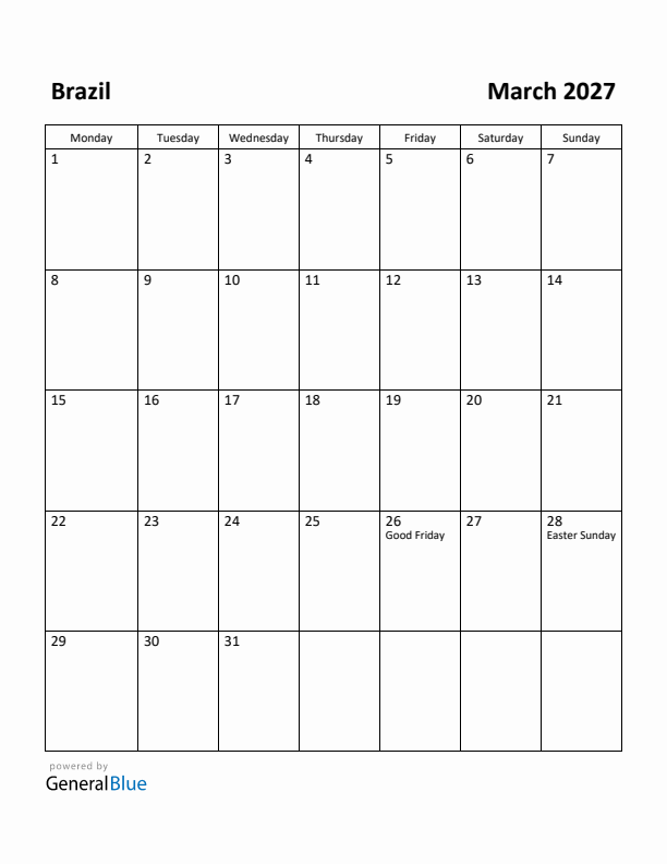 March 2027 Calendar with Brazil Holidays