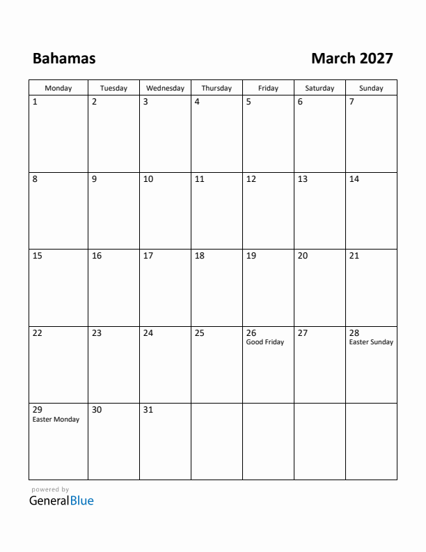 March 2027 Calendar with Bahamas Holidays