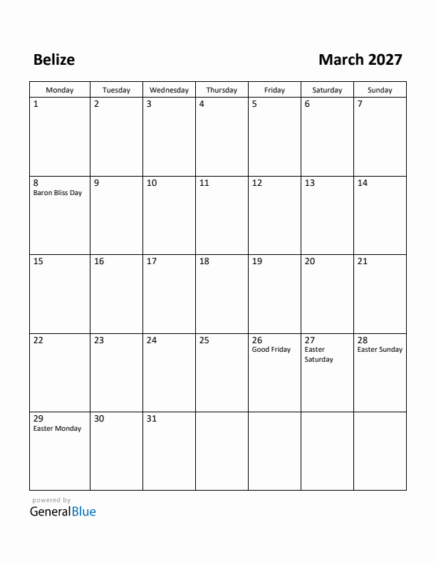 March 2027 Calendar with Belize Holidays