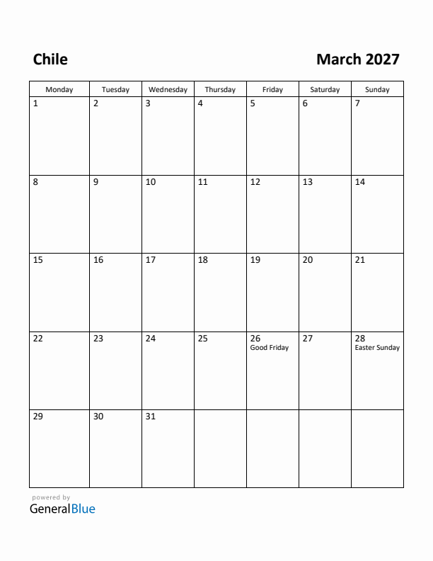 March 2027 Calendar with Chile Holidays