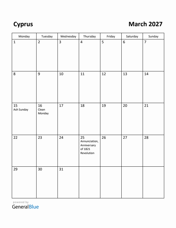 March 2027 Calendar with Cyprus Holidays